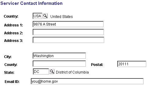 Servicer Contact Information page Servicer Contact Information page