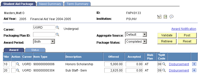 Student Aid Package page Student Aid Package page