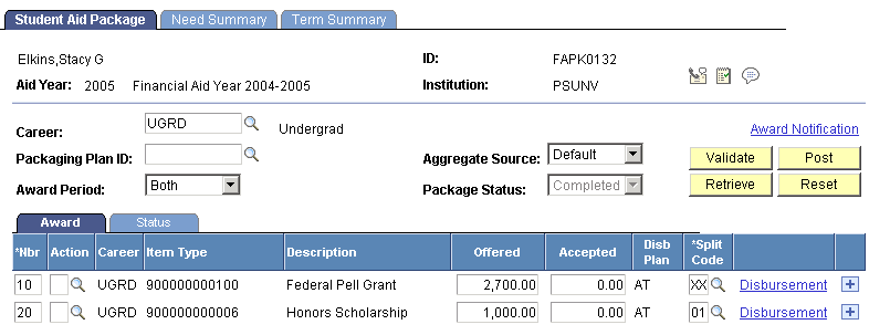 Student Aid Package page (Based on Pell Grant awarding functionality for the 2009 and prior aid years.) Student Aid Package page (Based on Pell Grant awarding functionality for the 2009 and prior aid years.)