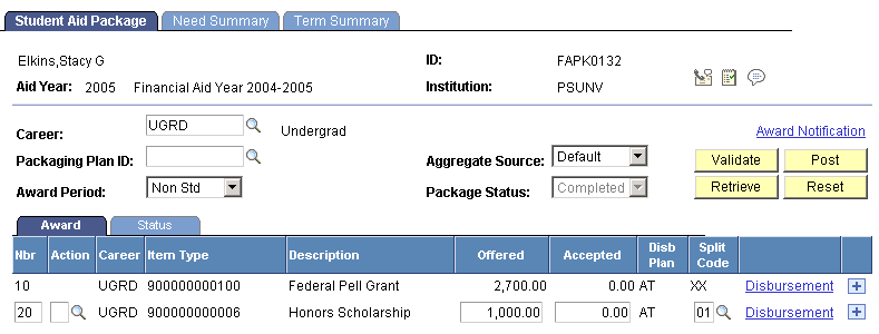 Student Aid Package page with new Honors Scholarship award and Federal Pell Grant (Based on Pell Grant awarding functionality for the 2009 and prior aid years.) Student Aid Package page with new Honors Scholarship award and Federal Pell Grant (Based on Pell Grant awarding functionality for the 2009 and prior aid years.)