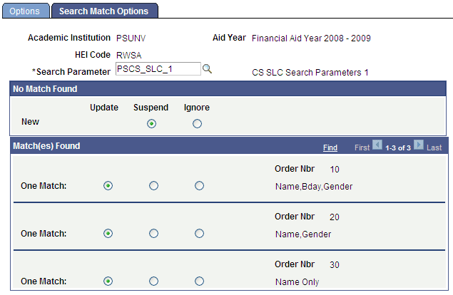 Student Loans Company Setup - Search Match Options page Student Loans Company Setup - Search Match Options page