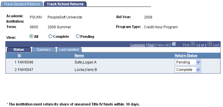 Track School Returns page: Status tab Track School Returns page: Status tab
