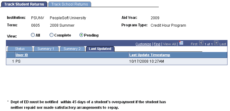 Track Student Returns page: Last Updated tab Track Student Returns page: Last Updated tab