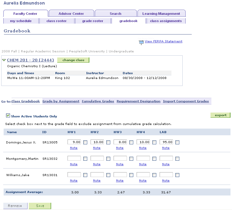 Class Gradebook page Class Gradebook page