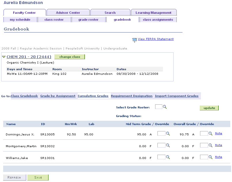 Cumulative Grades page Cumulative Grades page