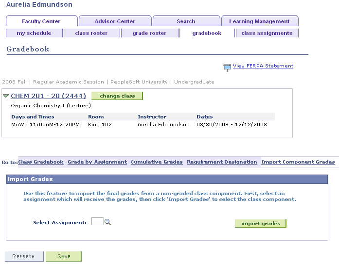 Import Component Grades page Import Component Grades page