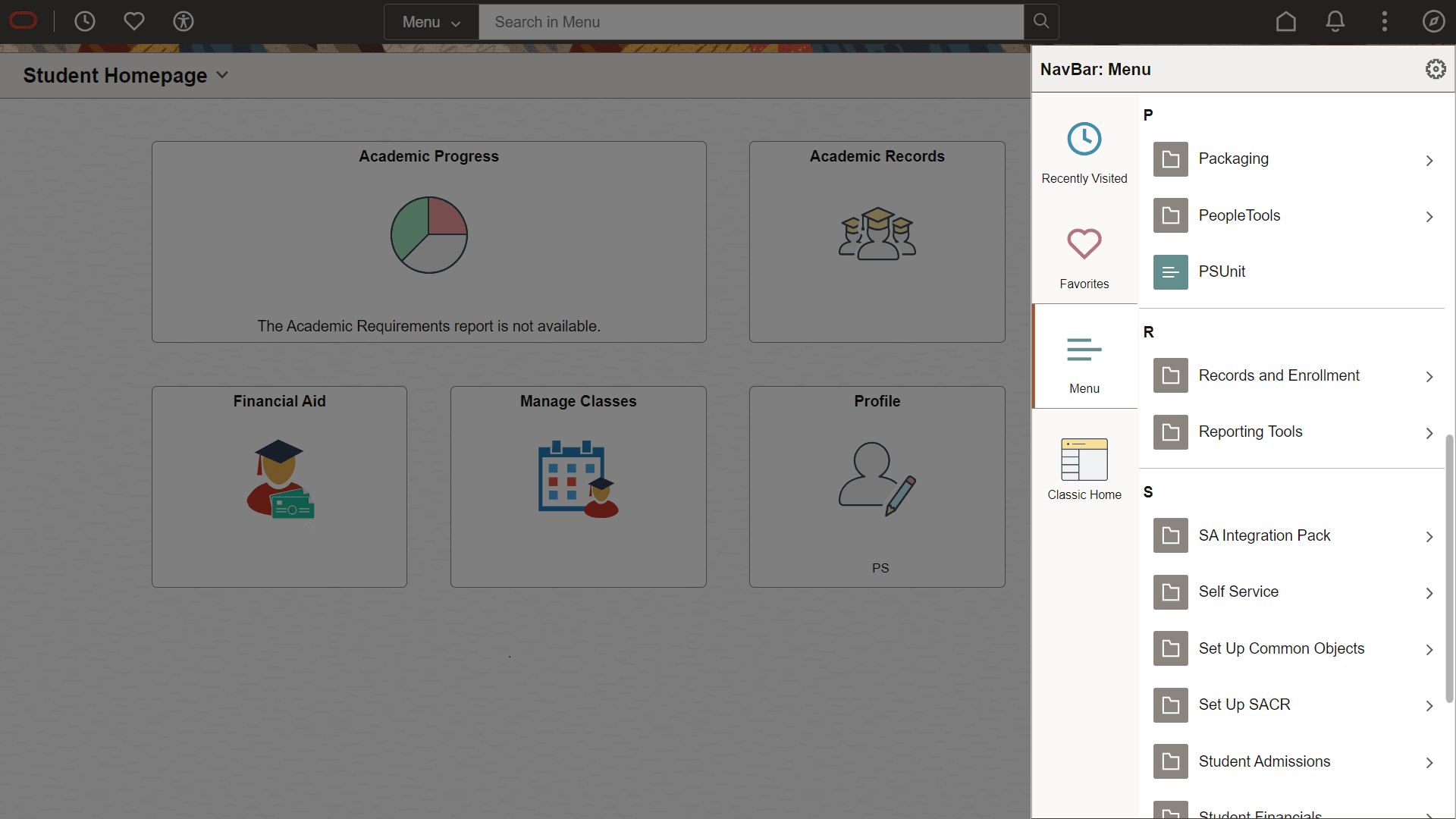 Navigator side page with PeopleSoft menu items