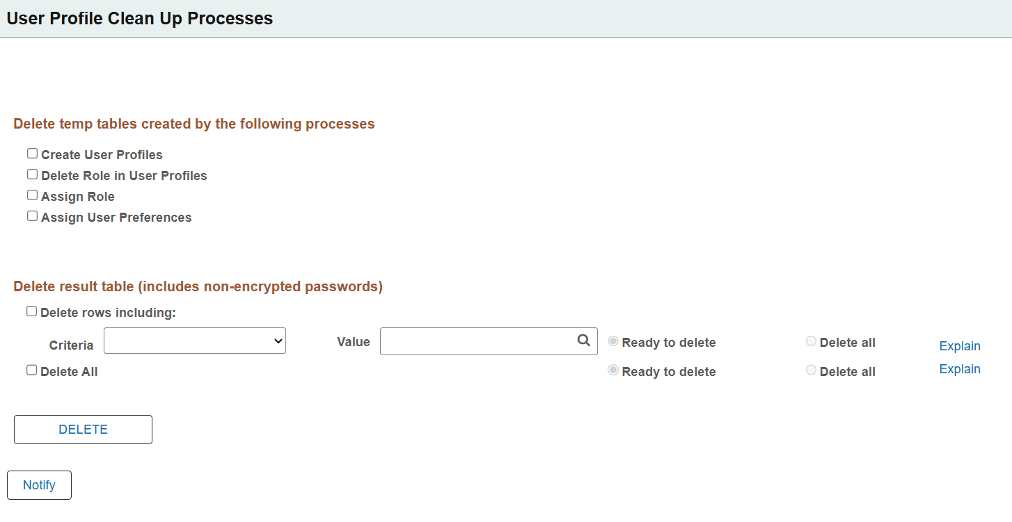 User Profile Clean Up Processes page