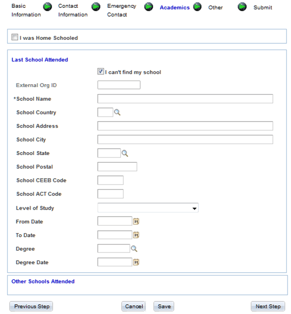 Academics page with the I cannot find my school check box selected Academics page with the I cannot find my school check box selected