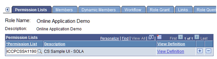 Adding a permission list for the SOLA (Sample Online Application) role Adding a permission list for the SOLA (Sample Online Application) role
