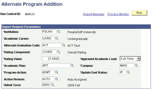 Alternate Program Addition page Alternate Program Addition page