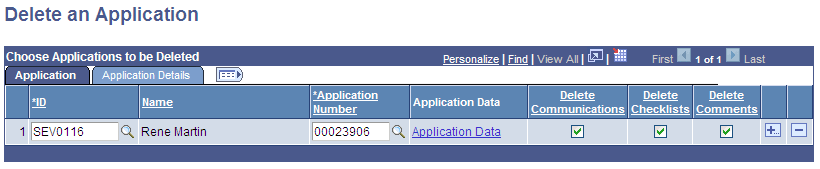Delete an Application page: Application tab Delete an Application page: Application tab
