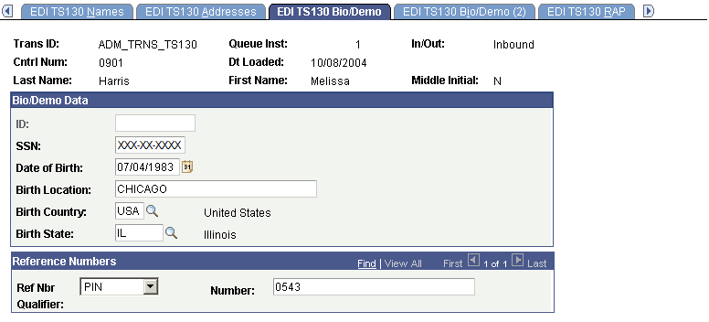 EDI (electronic data interchange) TS130 (Transaction Set 130) Bio/Demo (biographical/demographic) page EDI (electronic data interchange) TS130 (Transaction Set 130) Bio/Demo (biographical/demographic) page