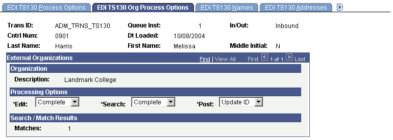 EDI (electronic data interchange) TS130 (Transaction Set 130) Org (organization) Process Options page EDI (electronic data interchange) TS130 (Transaction Set 130) Org (organization) Process Options page