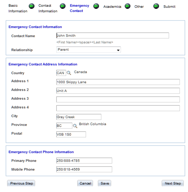 Emergency Contact page Emergency Contact page