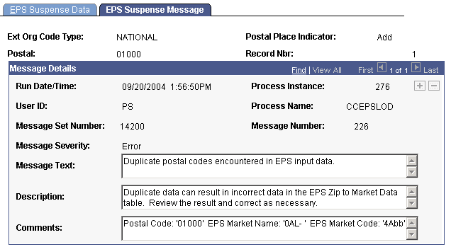 EPS Suspense Message page EPS Suspense Message page