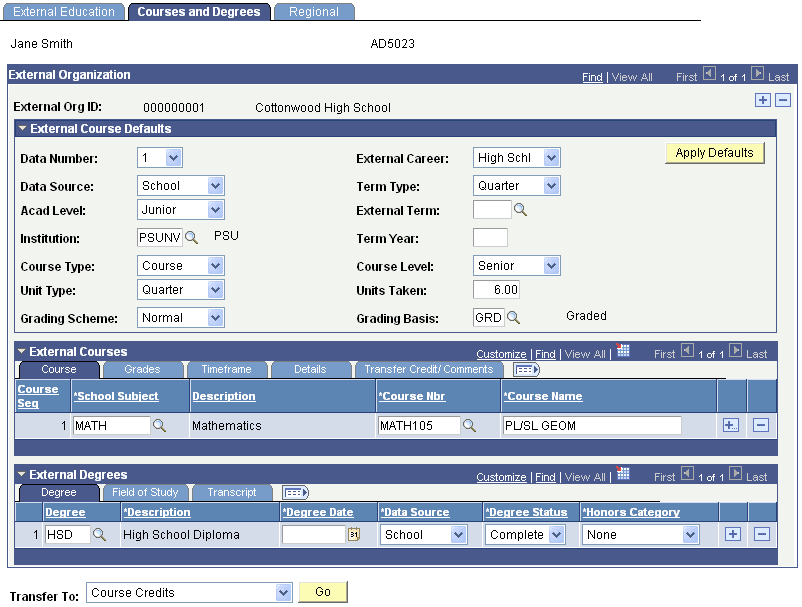 Example of Courses and Degrees page