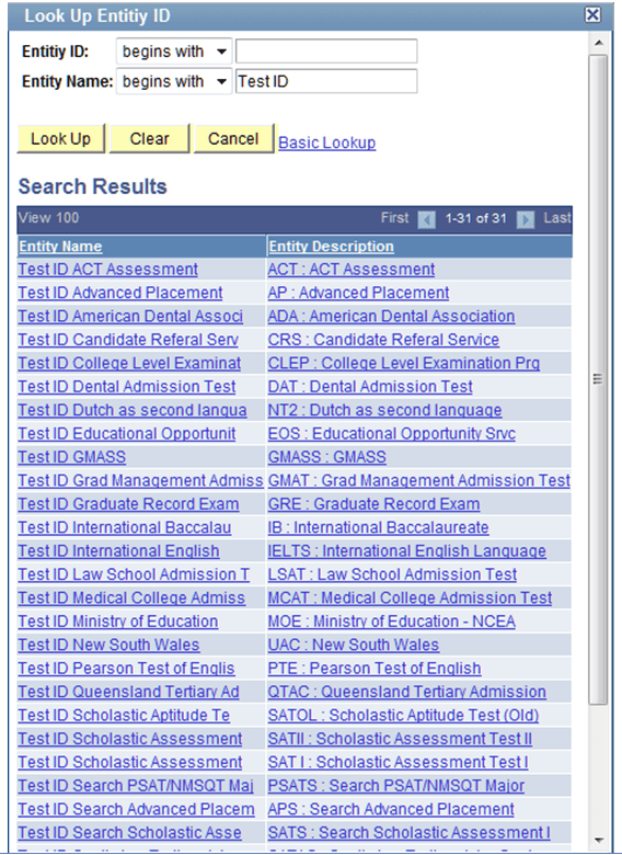 Lookup results for the Entity Name