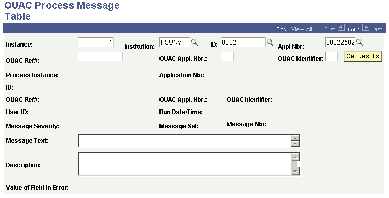 OUAC Process Message Table page OUAC Process Message Table page