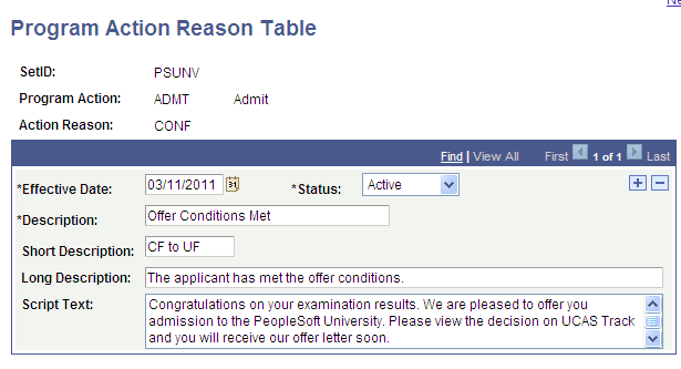 Program Action Reason Table page Program Action Reason Table page