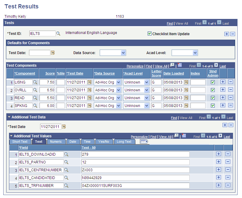 Test Results page