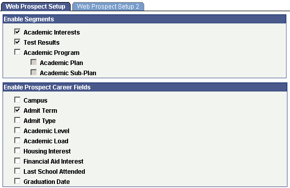 Web Prospect Setup page Web Prospect Setup page
