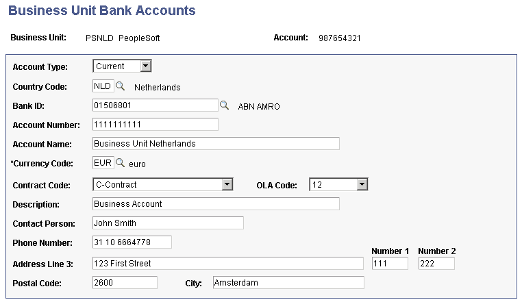 Business Unit Bank Accounts page Business Unit Bank Accounts page