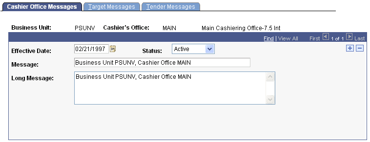 Cashier Office Messages page Cashier Office Messages page