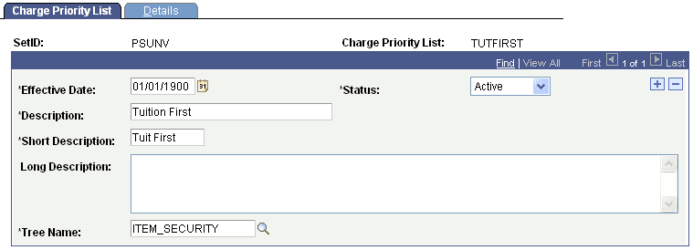 Charge Priority List page Charge Priority List page