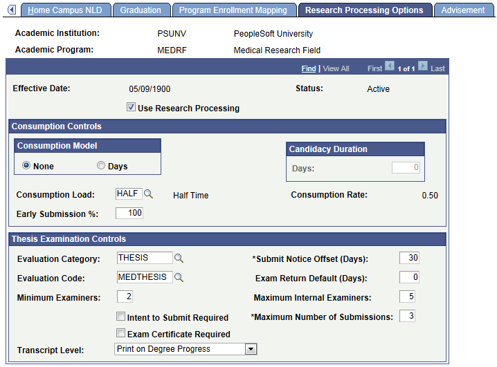 Academic Program – Research Processing Options page