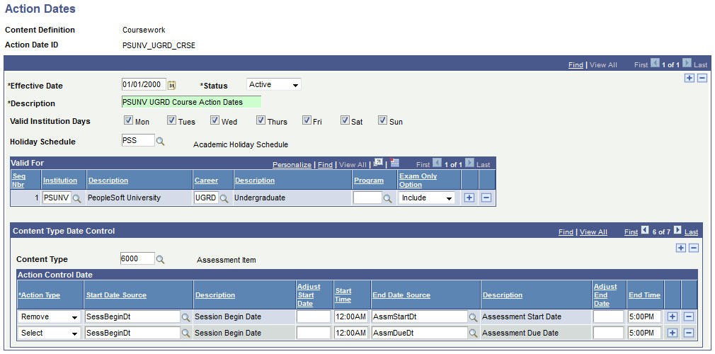 Action Dates page Action Dates page