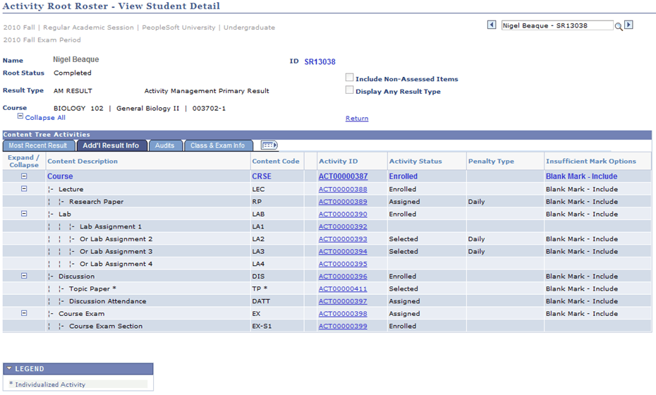 Activity Root Roster - View Student Detail page: Add'l Result Info tab