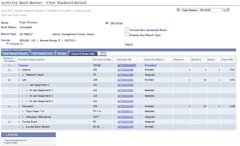 Activity Root Roster - View Student Detail page: Class &amp; Exam Info tab