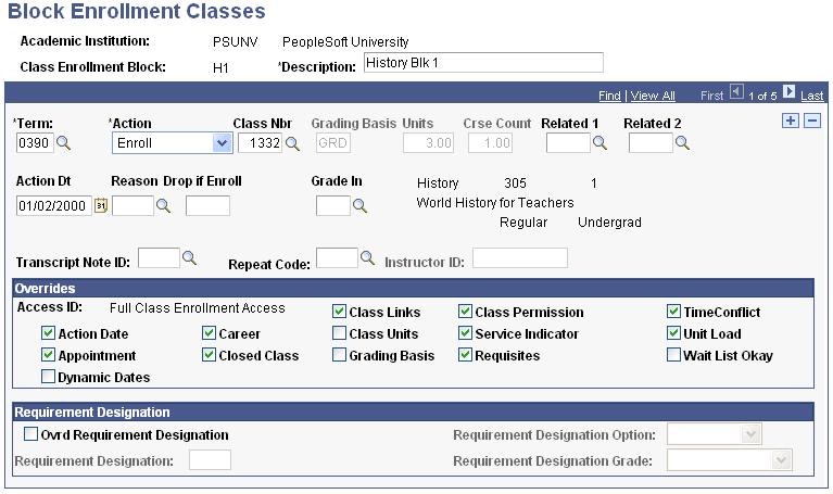Block Enrollment Classes page Block Enrollment Classes page