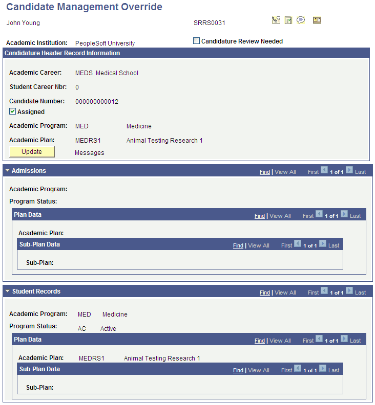 Candidate Management Override page Candidate Management Override page