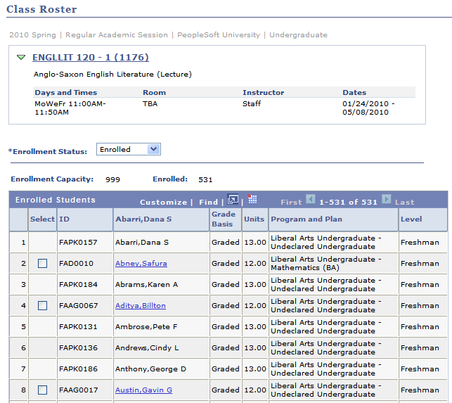 Class Roster page (1 of 2)
