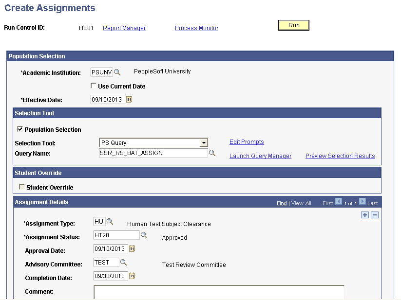 Create Assignments page Create Assignments page