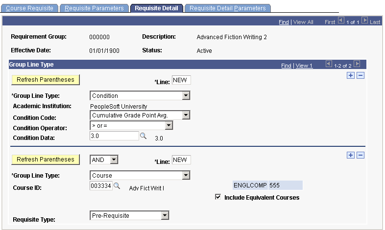 Creating a condition & course prerequisite (CRSE_RQS_RSTR_DET)