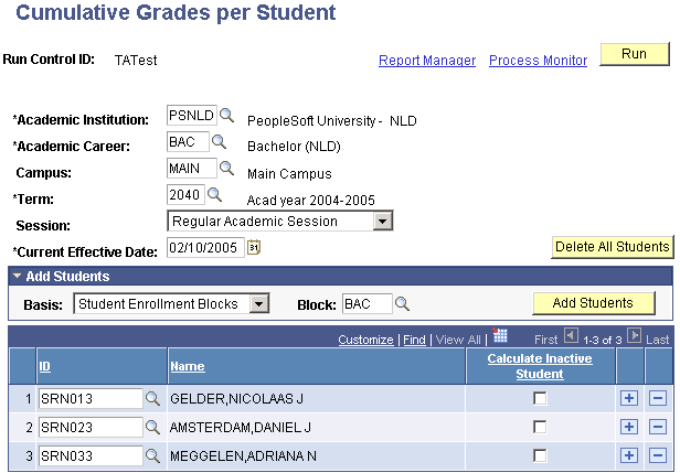 Cumulative Grades per Student page Cumulative Grades per Student page