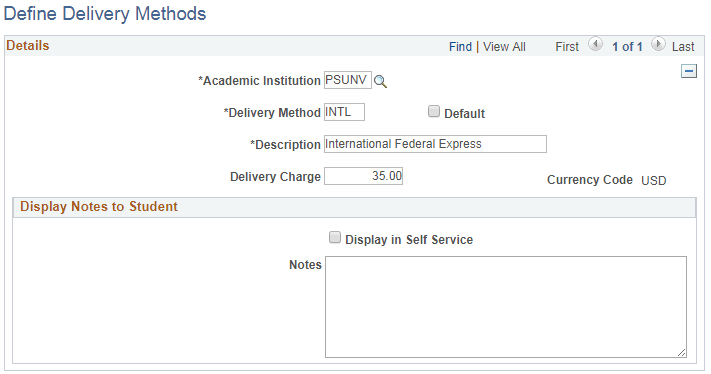 Define Delivery Methods page Define Delivery Methods page