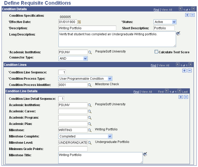 Define Requisite Conditions page (in Add mode) Define Requisite Conditions page (in Add mode)