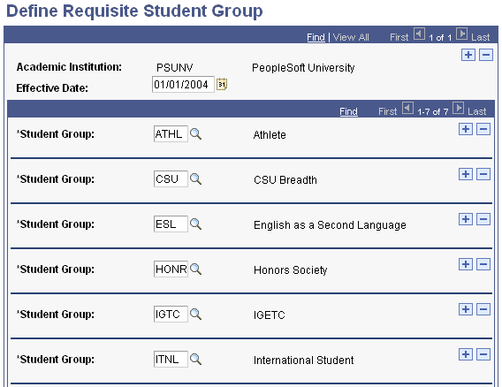 Define Requisite Student Group page Define Requisite Student Group page