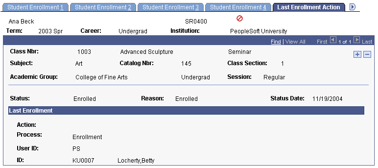 Last Enrollment Action page Last Enrollment Action page
