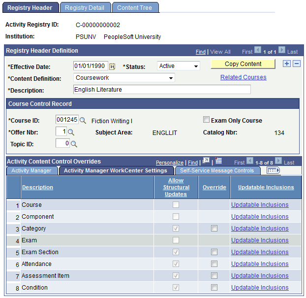 Registry Header page: Activity Manager WorkCenter Settings tab Registry Header page: Activity Manager WorkCenter Settings tab
