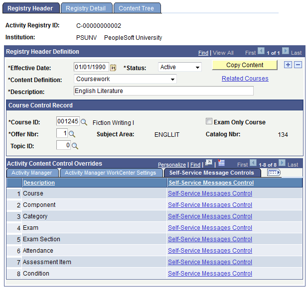 Registry Header page: Self-Service Message Controls tab Registry Header page: Self-Service Message Controls tab
