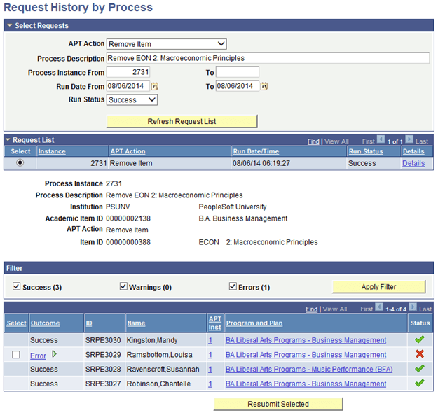 Request History by Process page Request History by Process page