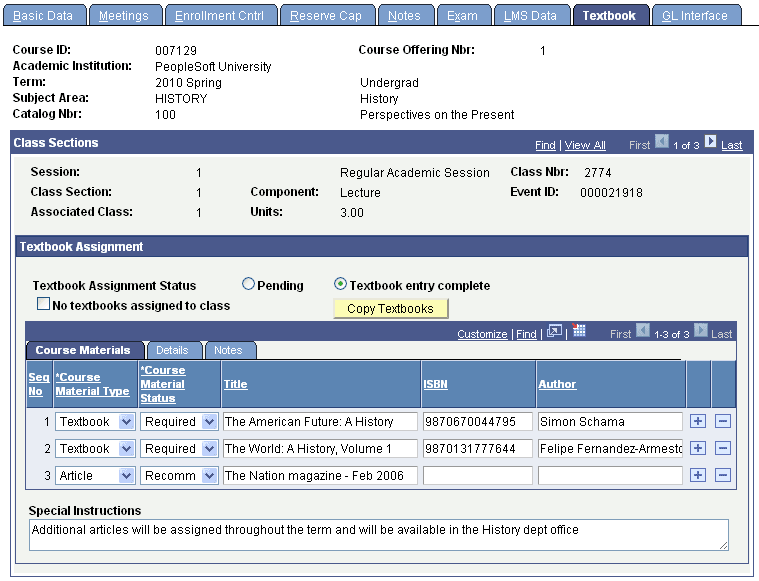Schedule of Classes - Textbook page