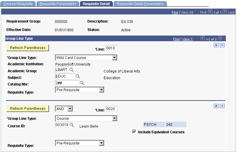 Setting up a wild card course and course prerequisite (CRSE_RQS_RSTR_DET)