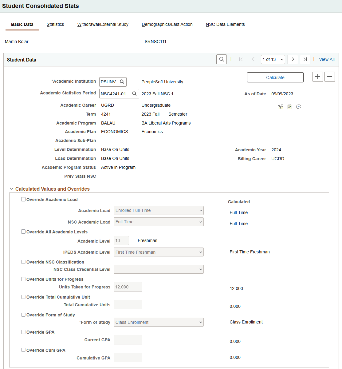 Student Consolidated Stats - Basic Data page