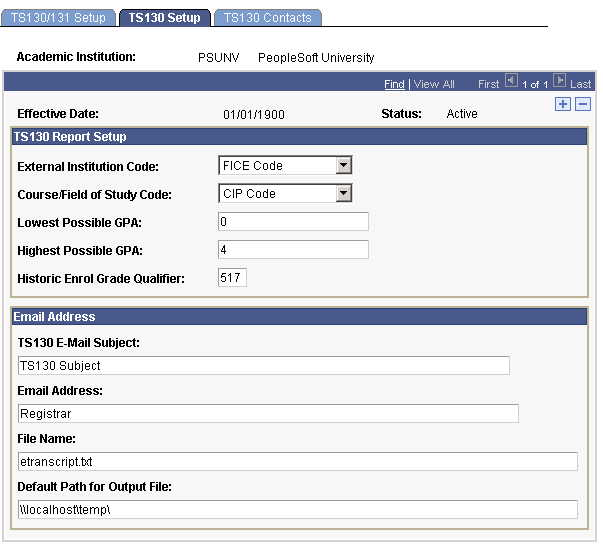 TS130 (Transaction Set 130) Setup page